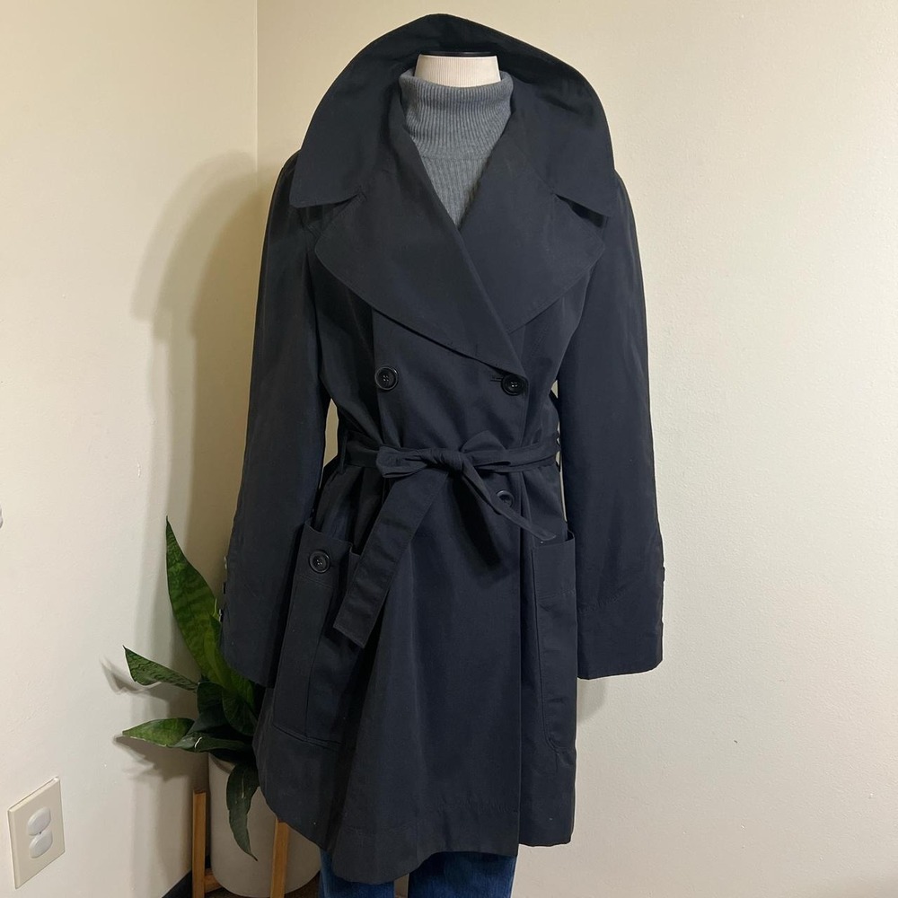 Siena Womens Black Double Breasted Trench Coat Removable Hood Belted Size Large